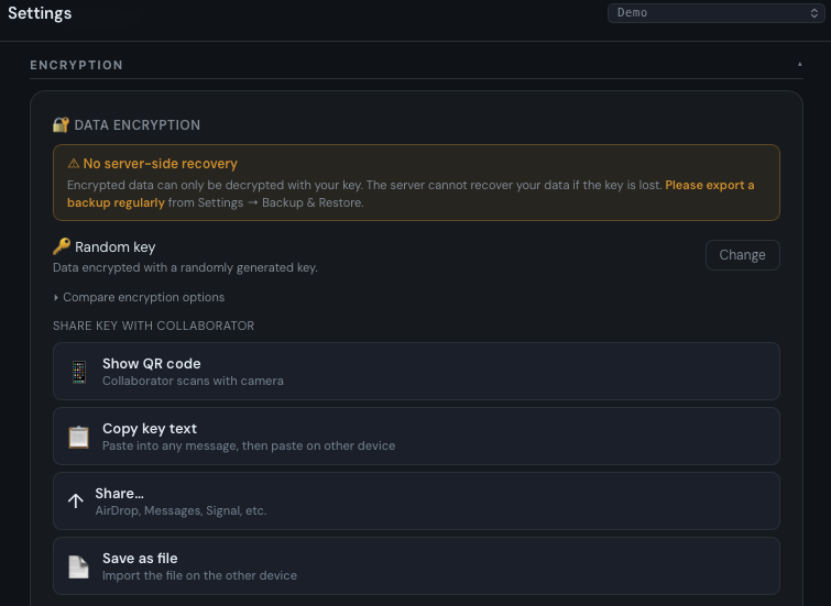 Encryption settings showing key options